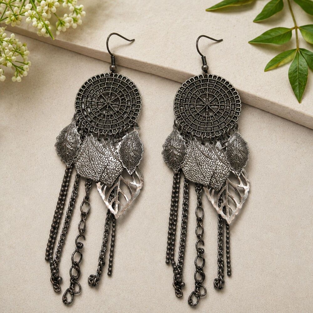 Boho Silver Tone Dreamcatcher Dangle Earrings, Festival Statement Jewelry
